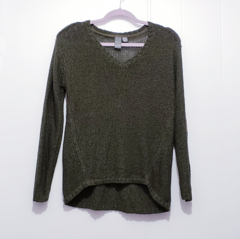 Quinn Melange Green Knit Vneck Patch Sweater M